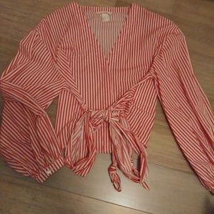 H&M Red and White Striped Cropped Blouse